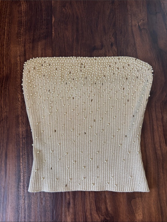 Cache Tops - Early 2000s Cache Gold Sparkly Pearl Embellished Tube Tope
